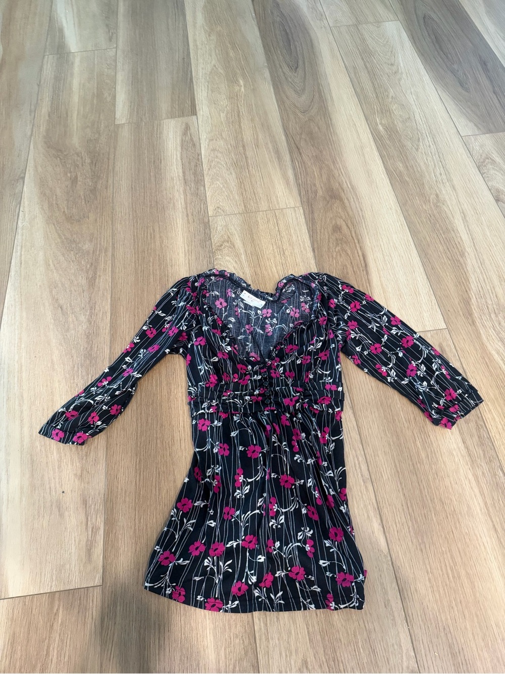 Self Esteem Black Floral V-Neck Peasant Top babydoll with Pink Flowers